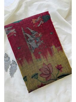 Ekana Label - Desi Mehfil Red Chanderi Cotton Printed Saree with Unstitched Blouse