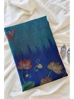 Ekana Label - Katha Blue Chanderi Cotton Printed Saree with Unstitched Blouse