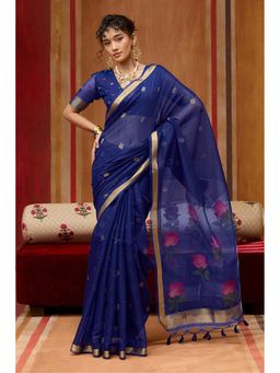 Mysilklove - Chill Blue Handloom Muga Cotton Saree with Unstitched Blouse