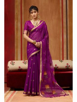 Mysilklove - Plum Purple Handloom Muga Cotton Saree with Unstitched Blouse