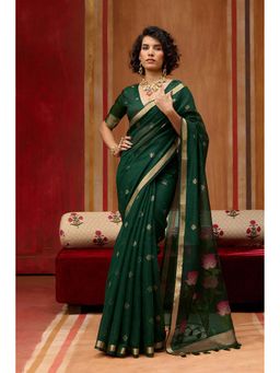 Mysilklove - Dark Green Handloom Muga Cotton Saree with Unstitched Blouse