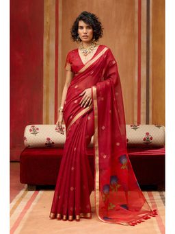 Mysilklove - Wine Red Handloom Muga Cotton Saree with Unstitched Blouse