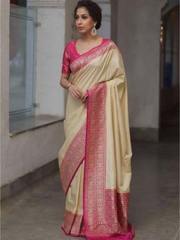 AMRUTKALA SAREES - Beige Designer Banarasi Silk Kanjivaram Saree with Unstitched Blouse