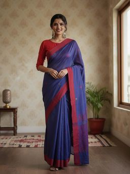 AMRUTKALA SAREES - Blue Designer Cotton Silk Printed Saree with Unstitched Blouse