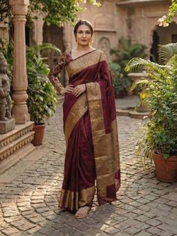 AMRUTKALA SAREES - Maroon Designer Banarasi Silk Kanjivaram Saree with Unstitched Blouse