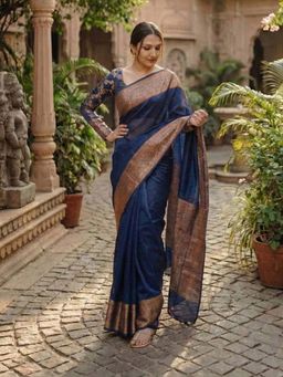 AMRUTKALA SAREES - Navy Blue Designer Banarasi Silk Kanjivaram Saree with Unstitched Blouse