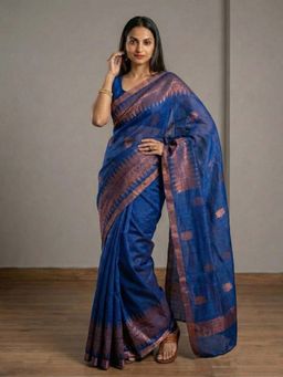AMRUTKALA SAREES - Blue Designer Cotton Silk Kanjivaram Saree with Unstitched Blouse