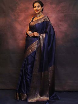 AMRUTKALA SAREES - Navy Blue Designer Banarasi Silk Kanjivaram Saree with Unstitched Blouse