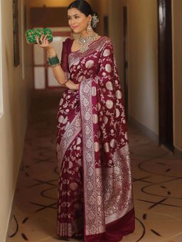 AMRUTKALA SAREES - Maroon Designer Banarasi Silk Kanjivaram Saree with Unstitched Blouse
