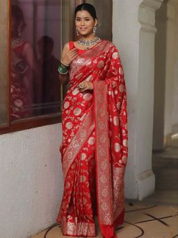 AMRUTKALA SAREES - Red Designer Banarasi Silk Kanjivaram Saree with Unstitched Blouse