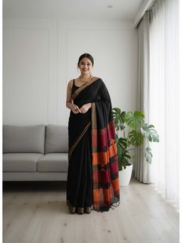 AMRUTKALA SAREES - Black Designer Cotton Silk Printed Saree with Unstitched Blouse