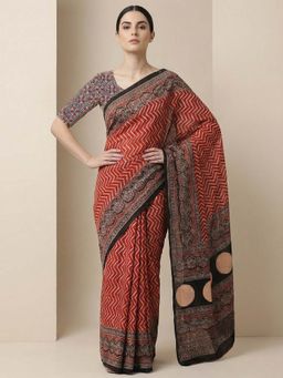 Niska - Red Ajrakh Modal Saree with Unstitched Blouse