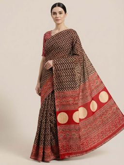 Niska - Brown Ajrakh Modal Saree with Unstitched Blouse