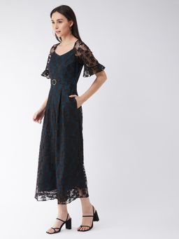 Miss Chase - Women's Black & Teal V-neck Raglan Sleeve Solid Laced Jumpsuit