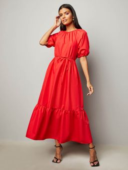 Styli - Red Round Neck Tie Belt Detail A-line Maxi Dress (Set of 2)
