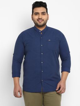 Urbano Plus - Mens Dark Blue Cotton Full Sleeve Shirt With Mandarin Collar