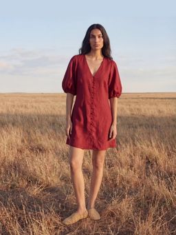 Maive - Red Cotton Linen Short Dress
