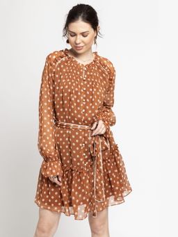 JULO - Brown Polka Mini Dress With Belt