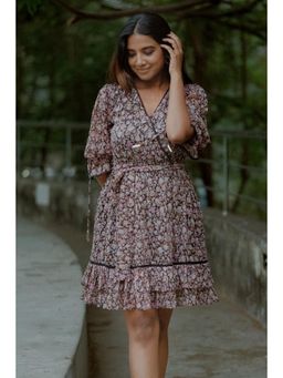 JULO - Cocoa Blossom Surplice Brown Mini Dress With Belt