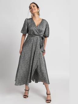 JULO - Noir Botanical Surplice Black Midi Dress With Belt