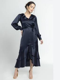JULO - Nights Ruffle Navy Blue Midi Dress With Belt