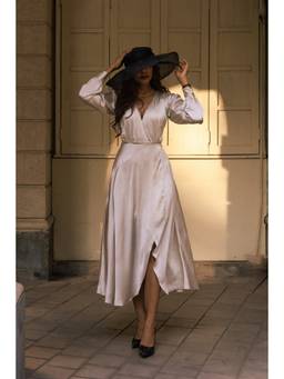 JULO - Creamy Surplice Cream Midi Dress
