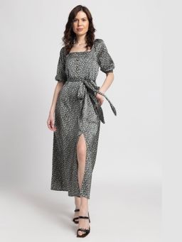 JULO - Noir Botanical Square Black Midi Dress With Belt