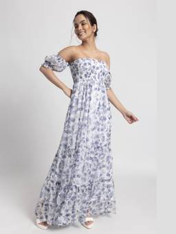 JULO - Tropical Breeze Off Shoulder White Maxi Dress