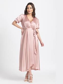 JULO - Rose Gold Surplice Midi Dress With Belt
