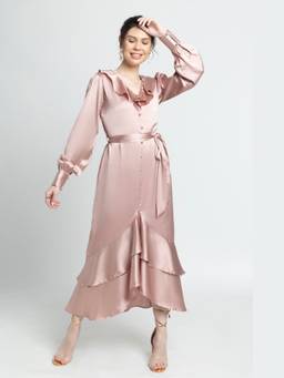 JULO - Rose Gold Ruffle V Midi Dress With Belt