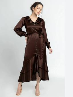 JULO - Choco Lustre Ruffle Brown Midi Dress With Belt
