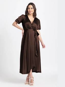 JULO - Choco Lustre Surplice Brown Midi Dress With Belt