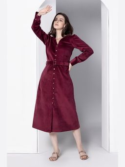 JULO - Bordeaux Grace Corduroy Wine Midi Dress With Belt