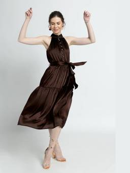 JULO - Choco Lustre Halter Neck Brown Midi Dress With Belt