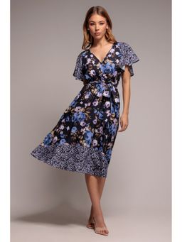 GODDIVA - Navy Blue Flutter Midi Dress With Belt