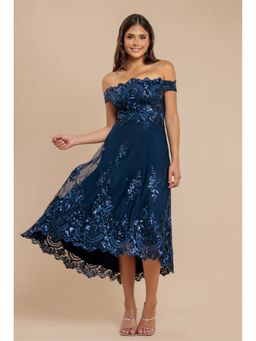 GODDIVA - Navy Blue Bardot Midi Dress