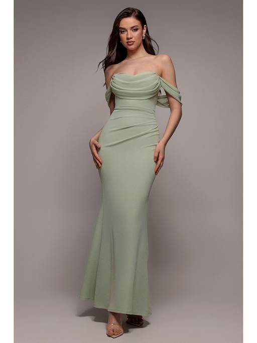 Buy GODDIVA Green Bardot Maxi Dress (XS) Online