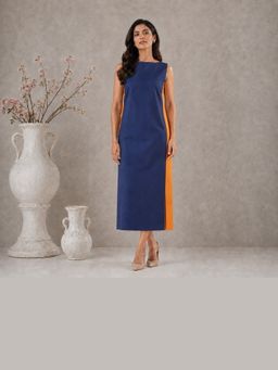 Spring Soul - Navy Blue Colourblock Sleeveless Straight Midi Dress