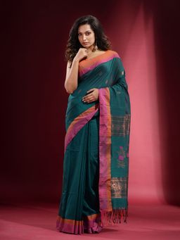 CHARUKRITI - Teal Pure Zari Floral Design Dual Border Saree with Unstitched Blouse