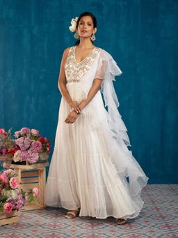Gajra Gang - White V-neck Maxi Gown & Ruffle Dupatta GGSKD67 (Set of 2)