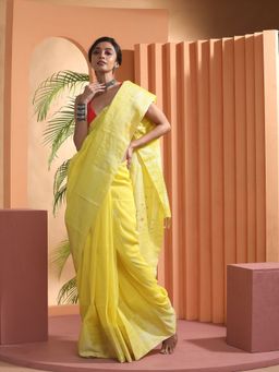 Beatitude - Yellow Woven Linen Saree with Unstitched Blouse