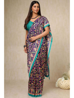 Soch - Womens Navy Blue Pashmina Floral Woven Design Saree with Unstitched Blouse