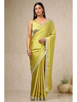 Soch - Womens Olive Embellished Stones Work Satin Saree with Unstitched Blouse