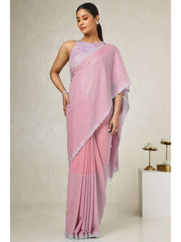 Soch - Womens Blush Pink Georgette Embellished Saree with Unstitched Blouse