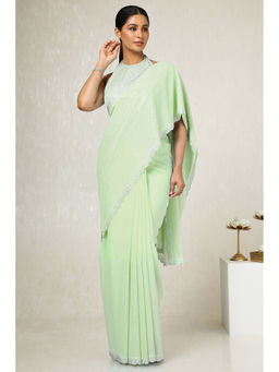 Soch - Womens Light Green Georgette Embellished Saree with Unstitched Blouse