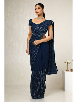 Soch - Womens Navy Blue Sequined Embellished Georgette Saree with Unstitched Blouse