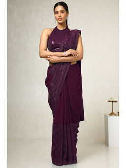Soch - Womens Wine Sequined Embellished Georgette Saree with Unstitched Blouse