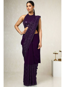 Soch - Womens Purple Sequined Embellished Georgette Saree with Unstitched Blouse