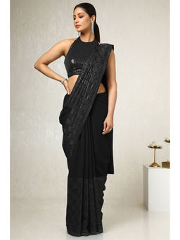 Soch - Womens Black Sequined Embellished Georgette Saree with Unstitched Blouse