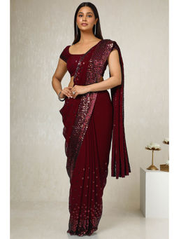 Soch - Womens Maroon Georgette Sequined Embellished Saree with Unstitched Blouse